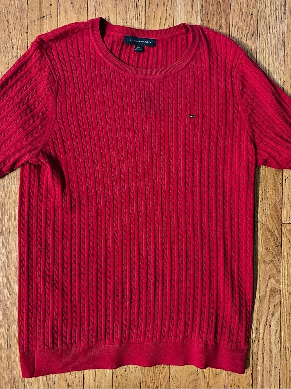 Tommy Hilfiger Women’s Short-Sleeve Cable-Knit Crewneck Sweater - Red - Large